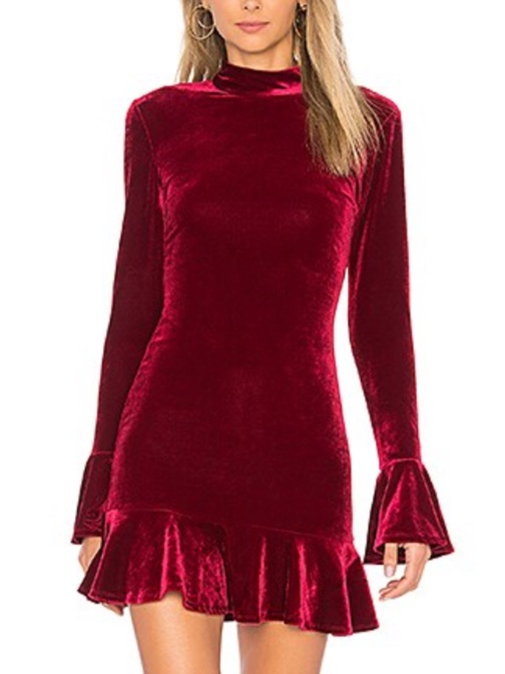 Lovers + friends Simone red maroon velvet long sleeve ruffle dress size S - Picture 2 of 6